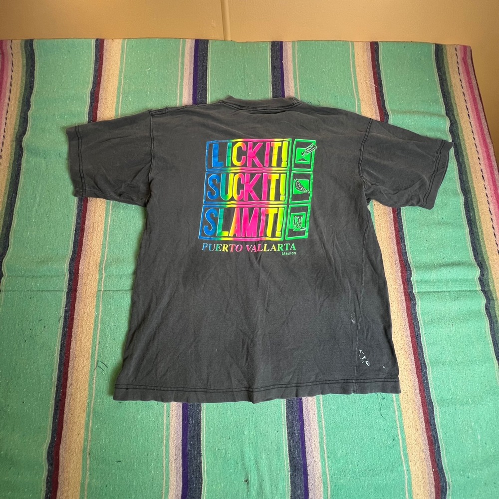 Vintage Puerto Vallarta Mexico T-Shirt Mens L Black Neon Lick It Suck It Slam It